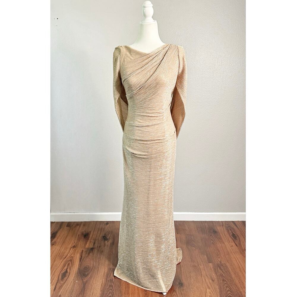 Betsy & Adam Cape Sleeve Gold + Silver Metallic Floor Length Gown women’s 4p - Picture 2 of 11